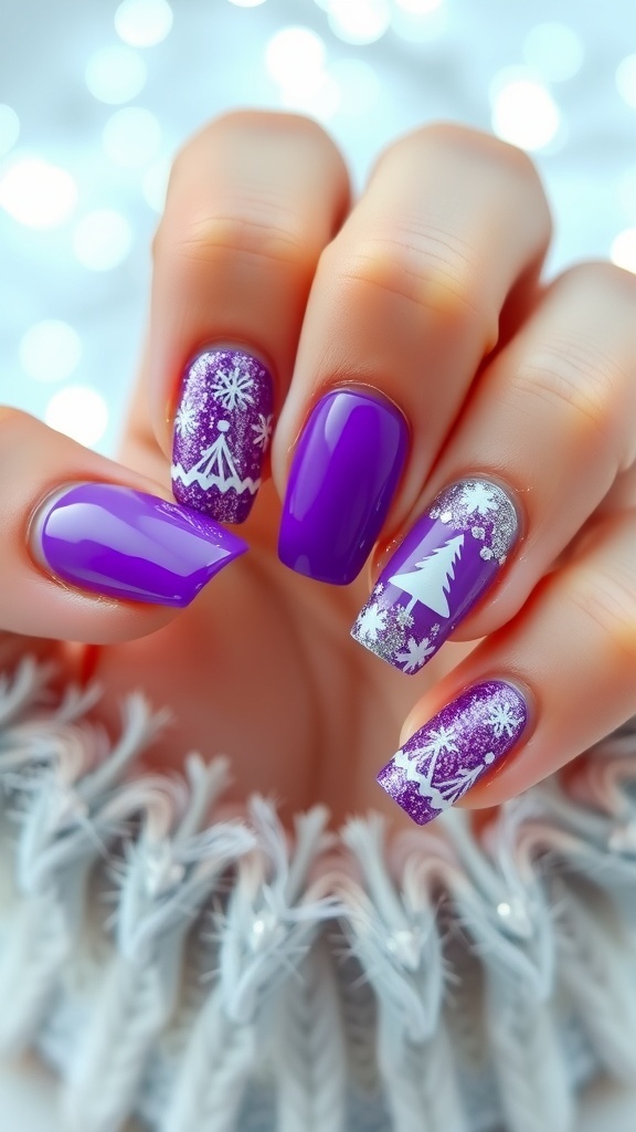 Purple Christmas nail art with glitter and festive designs on a winter-themed background.